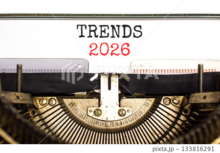 Trends 2026 new year symbol. Concept words Trends 2026 typed on beautiful old retro typewriter. Beautiful white background. Beautiful old typewriter. Business Trends 2026 new year concept. Copy space. 133816291