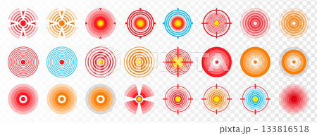 Vector set of point pain icons, ache localization symbols, circle painful area with red target 133816518
