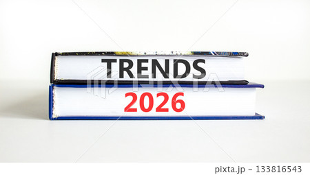 Trends 2026 new year symbol. Concept words Trends 2026 on beautiful books. Beautiful white paper background. Business and Trends 2026 new year concept. Copy space. 133816543