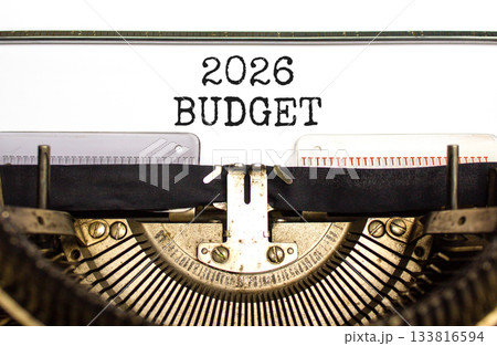 2026 Budget symbol. Concept words 2026 Budget typed on beautiful old retro typewriter. Beautiful white paper background. Beautiful old typewriter. Business and 2026 budget concept. Copy space. 133816594