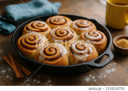 Freshly Baked Cinnamon Rolls with Icing in Cast Iron Skillet on Rustic Table 133816791