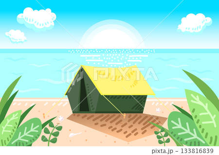 Summer seascape with tent on beach and leaf foreground, sunrise on blue sky background. Summer seascape with tent on beach and leaf foreground, sunrise on blue sky background. 133816839
