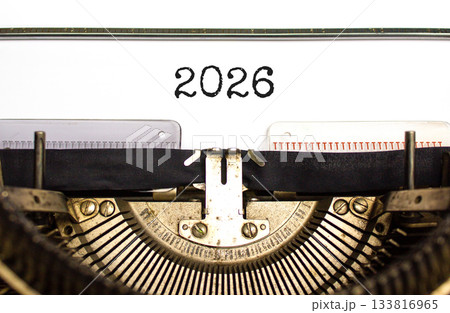 Business concept of 2026 new year symbol. Concept number 2026 Happy new year typed on beautiful old retro typewriter. Beautiful white background. Business 2026 happy new year concept. Copy space. Business concept of 2026 new year symbol. Concept number 2026 Happy new year typed on beautiful old retro typewriter. Beautiful white background. Business 2026 happy new year concept. Copy space. 133816965