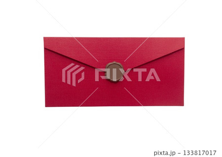 Red envelope with wax seal, isolated on white background, top view, elegant and ceremonial 133817017