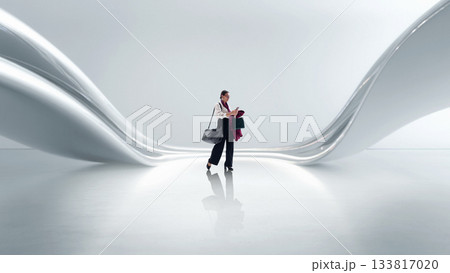 Flowing artwork of futuristic architecture with traveler in bright sculptural passage. 133817020