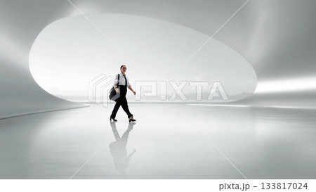 Wide collage of futuristic hall with businesswoman walking across bright architectural surface Wide collage of futuristic hall with businesswoman walking across bright architectural surface 133817024