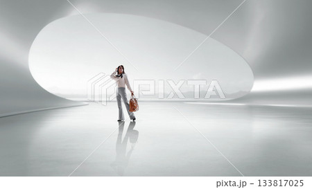 Soft artwork of futuristic architecture with woman walking through luminous hall. Soft artwork of futuristic architecture with woman walking through luminous hall. 133817025