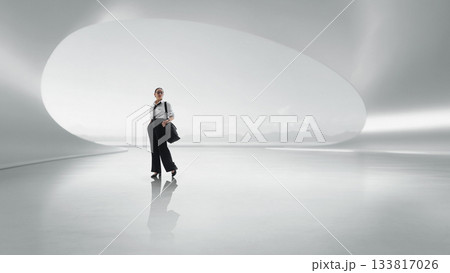 Creative collage of architectural void with businesswoman crossing bright futuristic space. 133817026