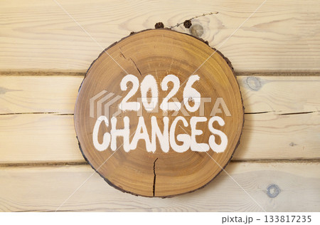 2026 Changes symbol. Concept words 2026 Changes on beautiful wooden circle. Beautiful wooden wall background. Business and 2026 changes concept. Copy space. 133817235