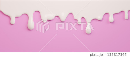 White ice cream melt with glossy drips on a pink ice cream background for dessert designs or summer graphics. Liquid flows down in curved streams. 3d rendering 133817365