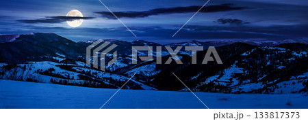 panorama of mountain ridge in winter at night. beautiful landscape with forested hills in snow in full moon light. rural valley in the distance. finance investment or abstract concepts 133817373