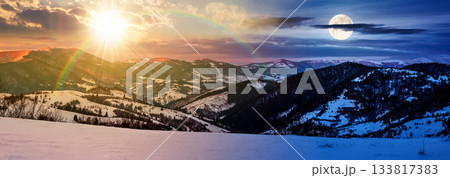 panorama of mountain ridge in winter. day and night time change concept. beautiful landscape with forested hills in snow with sun and moon. distant rural valley. duality and transition template 133817383