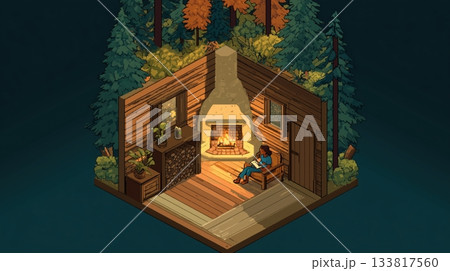 アイソメ-暖炉のある森の山小屋室内風景 133817560