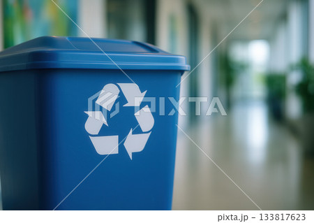 Blue Office Recycling Bin with Eco Symbol in Modern Corridor Blue Office Recycling Bin with Eco Symbol in Modern Corridor 133817623