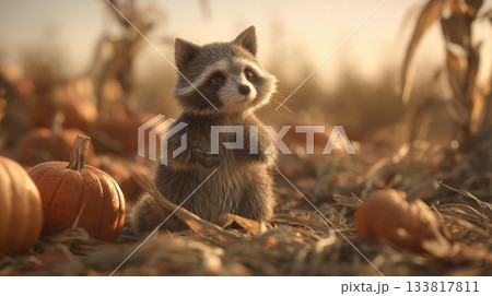 秋の収穫畑に佇むアライグマの3Dイラスト 133817811