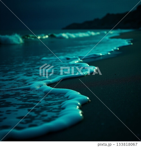 Night waves softly caressing the shore under a moonlit sky Generative AI 133818067