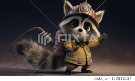消防士姿の3Dアライグマキャラクター 133818184