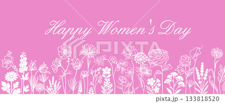 Simple pink floral background. Flowers in one line. Happy Women's Day. Hand drawn. Not AI, vector illustration Simple pink floral background. Flowers in one line. Happy Women's Day. Hand drawn. Not AI, vector illustration 133818520