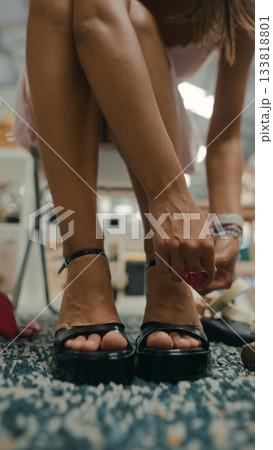A Woman Is Trying on Some Stylish and Trendy Sandals in a Fashionable Boutique Store Today 133818801