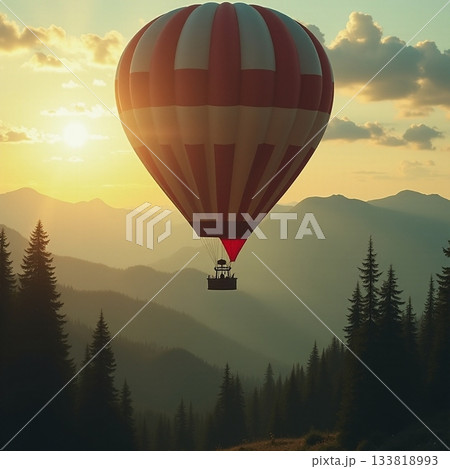 Colorful hot air balloon rises over misty...のイラスト素材 [133818993] - PIXTA