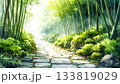 竹林に続く苔むした石畳の道と静かな緑の風景（水彩イラスト・和風） 133819029