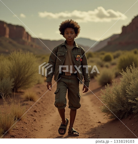 Young explorer walks through a sunlit desert landscape Generative AI 133819103