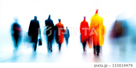 Diverse individuals move creating streaks of colorful motion against a light background. Blurred people banner Diverse individuals move creating streaks of colorful motion against a light background. Blurred people banner 133819479