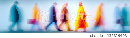 Diverse individuals move creating streaks of colorful motion against a light background. Blurred people banner 133819498