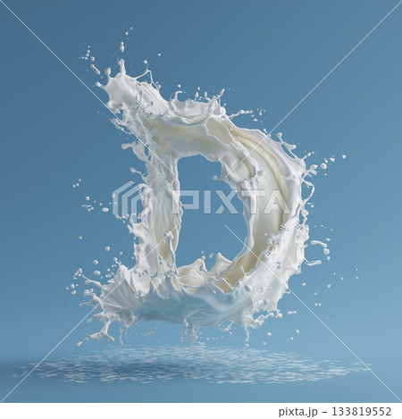 Milk splash letter D. White liquid splashing, creating the letter D on a blue background Milk splash letter D. White liquid splashing, creating the letter D on a blue background 133819552