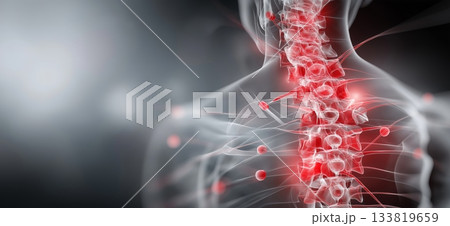 Human back spine showing vertebrae and nerves with red inflammation areas. Back pain concept 133819659