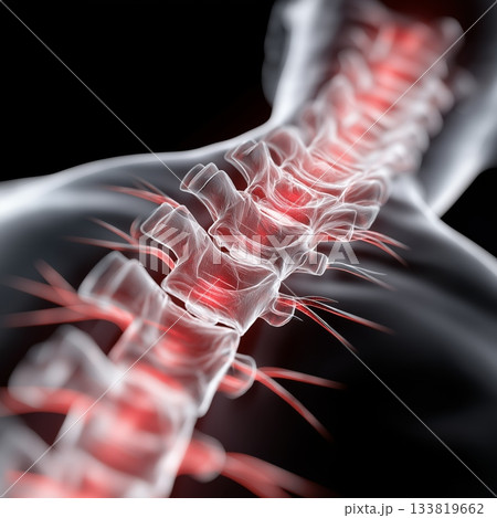 Human back spine showing vertebrae and nerves with red inflammation areas. Back pain concept 133819662