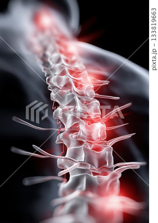 Human back spine showing vertebrae and nerves with red inflammation areas. Back pain concept Human back spine showing vertebrae and nerves with red inflammation areas. Back pain concept 133819663