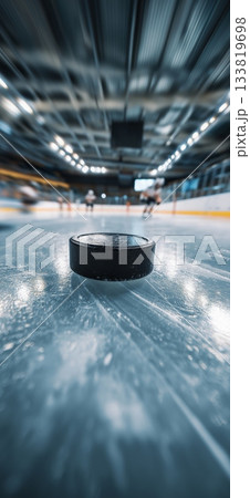 Ice hockey banner. Hockey puck resting on stadium ice with blurred athletes preparing to play 133819698