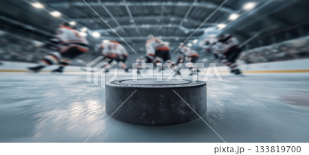 Ice hockey banner. Hockey puck resting on stadium ice with blurred athletes preparing to play 133819700