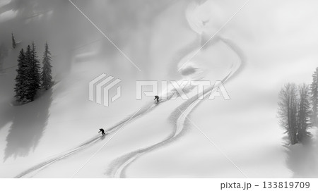 Freeride skiing. Two skiers descending a snowy mountain, kicking up powder snow and leaving tracks 133819709