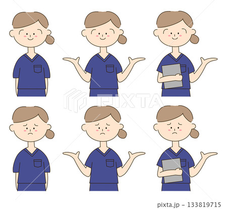 スクラブを着たかわいい女性の手描きイラストセット 133819715