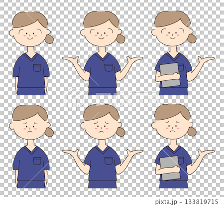 スクラブを着たかわいい女性の手描きイラストセット 133819715