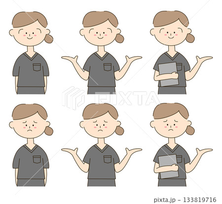 スクラブを着たかわいい女性の手描きイラストセット 133819716