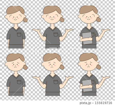 スクラブを着たかわいい女性の手描きイラストセット 133819716