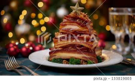 Men's Christmas. Sliced bacon Christmas tree. Christmas banner for men 133819803