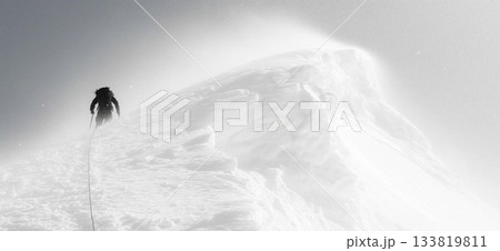 Climber trekking icy mountain ridge through dense fog. Solo mountaineer navigating a challenging snowy ridge against a foggy sky Climber trekking icy mountain ridge through dense fog. Solo mountaineer navigating a challenging snowy ridge against a foggy sky 133819811
