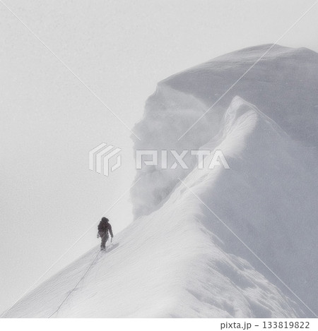 Climber trekking icy mountain ridge through dense fog. Solo mountaineer navigating a challenging snowy ridge against a foggy sky Climber trekking icy mountain ridge through dense fog. Solo mountaineer navigating a challenging snowy ridge against a foggy sky 133819822