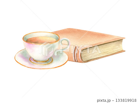 Vintage book and cup of tea. Porcelain tea set. Literature with old cover, yellowed pages. Encyclopaedia bestseller. Watercolor isolated illustration, home cozy lifestyle, autumn, winter mood 133819918