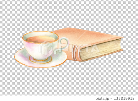 Vintage book and cup of tea. Porcelain tea set. Literature with old cover, yellowed pages. Encyclopaedia bestseller. Watercolor isolated illustration, home cozy lifestyle, autumn, winter mood 133819918