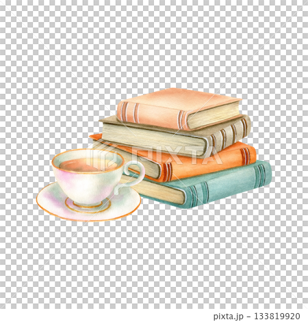 Stack of books, cup of tea. Porcelain tea set. Literature, pile of textbook for education, old cover, yellowed pages. Encyclopaedia bestseller. Watercolor isolated illustration, home cozy lifestyle 133819920