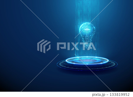 Neon podium with vertical streams of blue digital points and light bulb. Idea generation, innovation, creativity, analytics, technological progress concept. Neon podium with vertical streams of blue digital points and light bulb. Idea generation, innovation, creativity, analytics, technological progress concept. 133819952