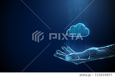 Open palm with streams of blue digital points rising upward and a cloud icon. Data flow, information processing, AI analysis, monitoring, insight concept. 133819957