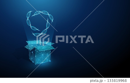3D DNA strands from an open box. Genetic discovery, biological data exploration, hereditary research, genetic material collection, transportation concept. 3D DNA strands from an open box. Genetic discovery, biological data exploration, hereditary research, genetic material collection, transportation concept. 133819968