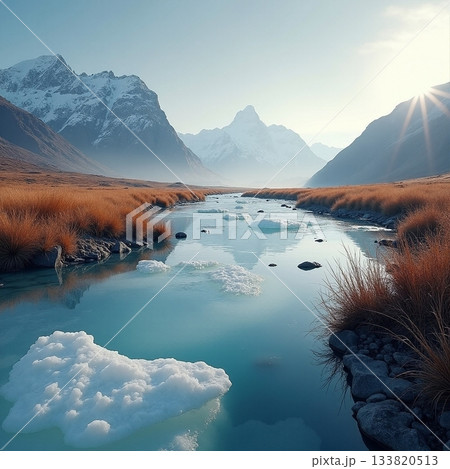 Stunning mountain landscape with icy river and grasslands Generative AI 133820513