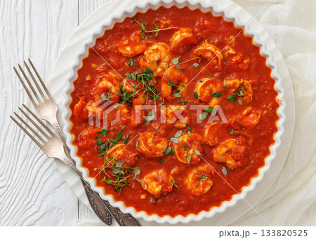 Shrimp in hot tomato sauce with garlic, onion 133820525